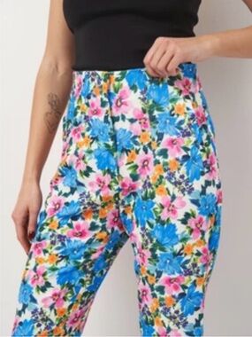 Zara High-Waist Floral Wide-Leg Trousers - Blue, Pink & Orange